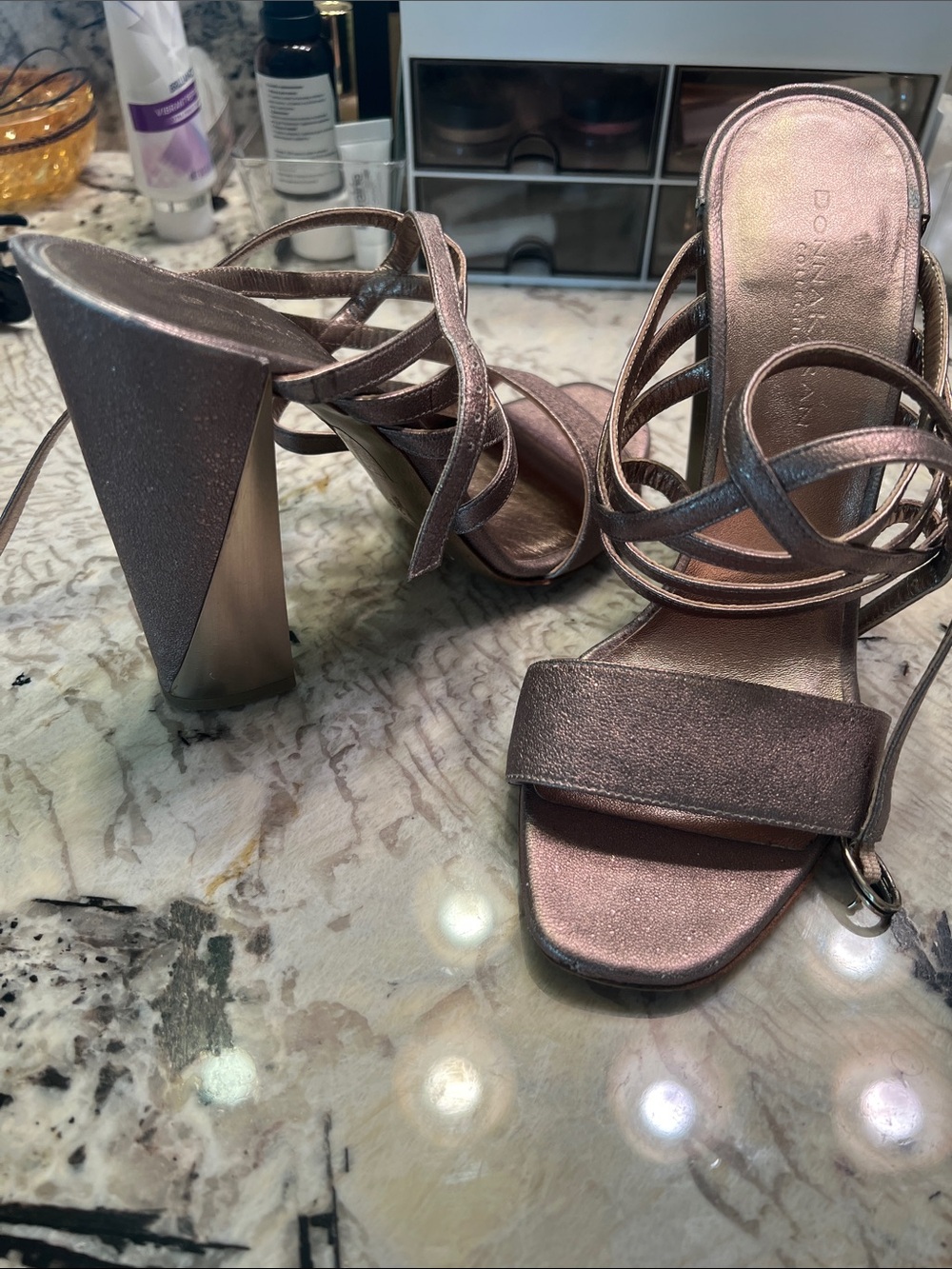 Donna Karan Metallic Rose Gold Strappy Block Heel Sandals